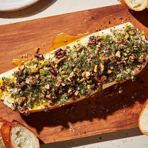 Creamy Flavored Butter Board Charcuterie spread on a wooden board, topped with honey, nuts, and fresh herbs.