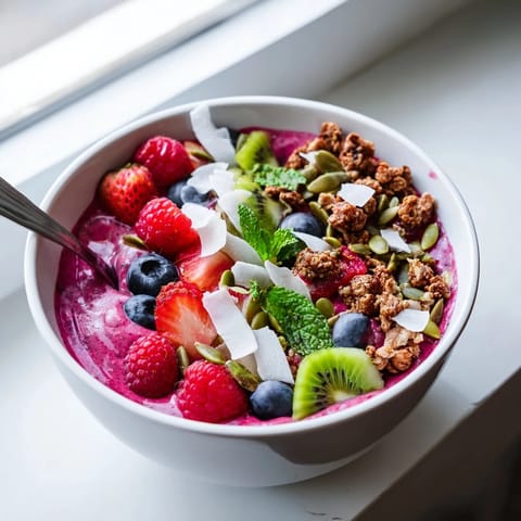 Two bowls of Beet and Berry Smoothie Bowl featuring a creamy pink base, assorted berries, and shredded coconut garnish.  