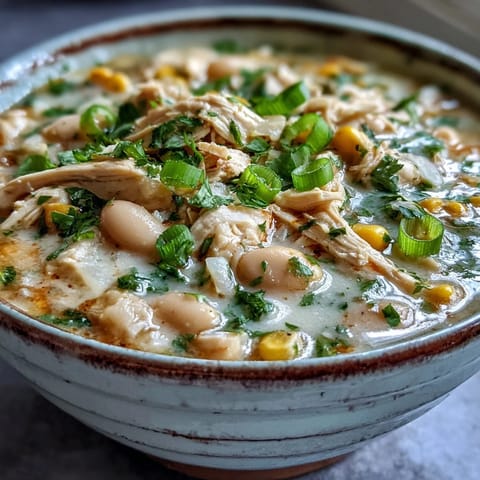 A bowl of creamy White Chicken Chili garnished with cilantro and cheese, served with lime wedges and tortilla chips.