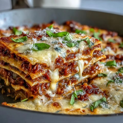 A hearty slice of One-Pan Smoky Veggie Lentil Lasagne reveals vibrant red lentil and vegetable layers on a rustic plate.