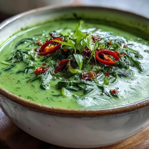 A bowl of creamy Spinach Coriander Lemongrass Soup garnished with fresh cilantro and red chili slices.
