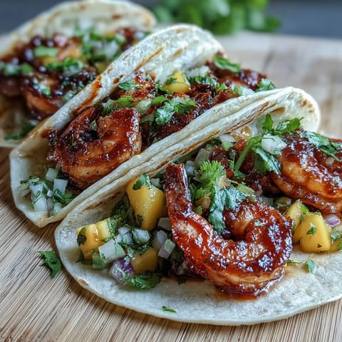 Sriracha Shrimp Tacos with Mango Salsa garnished with fresh cilantro and lime wedges.