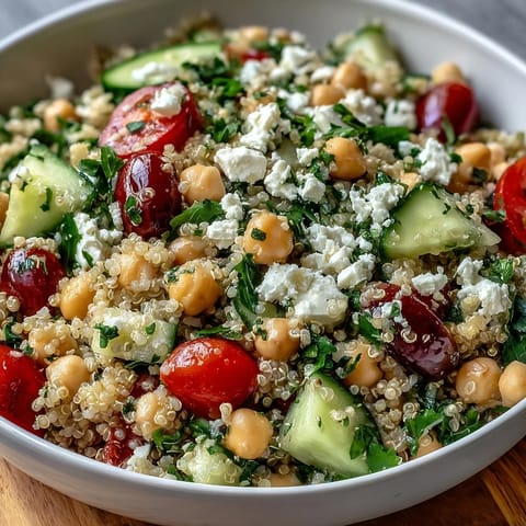 Fluffy quinoa, crisp cucumbers, and creamy feta in a vibrant High Protein Quinoa & Chickpea Salad served fresh.
