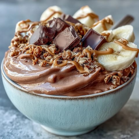 A nourishing Chocolate Peanut Butter Smoothie Bowl with rich cocoa and a generous peanut butter drizzle.