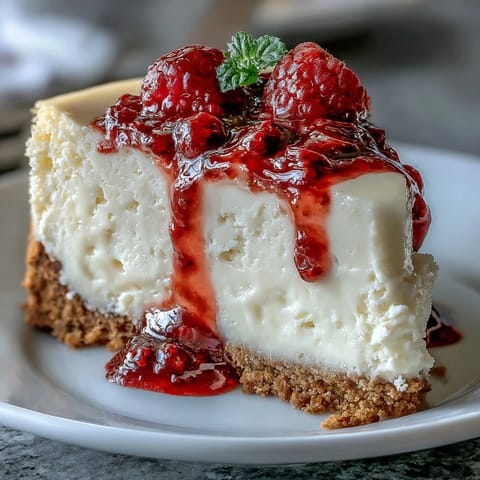 A creamy slice of Indulgent White Chocolate Raspberry Cheesecake Bliss with a graham cracker crust and vibrant red swirls.