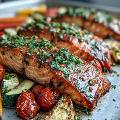 Golden-brown roasted salmon fillets and caramelized rainbow veggies from a Sheet Pan Salmon and Veggies Bowl.