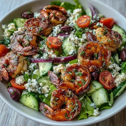 Vibrant Greek Shrimp Bowl topped with briny Kalamata olives and crumbled feta, served over crisp greens.