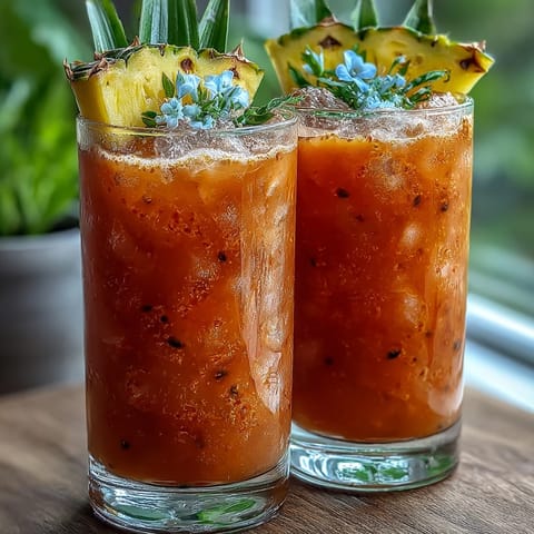 A tall glass of Iced Guava Passionfruit Drink with a pineapple wedge garnish and vibrant pink-orange hues.