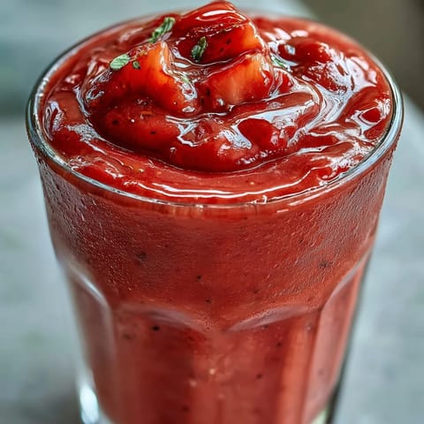 Two chilled guava juice smoothies, garnished with mango chunks and a mint sprig.