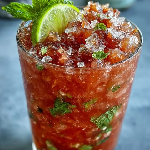 A tall glass of Guava Mojito filled with crushed ice, mint leaves, and a lime wheel garnish.
