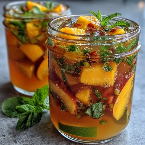 Refreshing mango peach sangria with citrus slices and fresh mint in a glass pitcher, perfect for summer parties.  