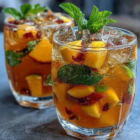 Vibrant non-alcoholic sangria bursting with ripe mango, juicy peach, and sparkling citrus in a clear pitcher.  