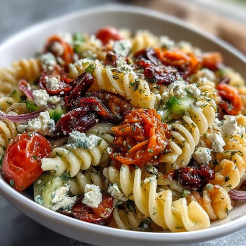 Vibrant Greek pasta salad with feta, olives, and fresh vegetables, perfect for summer picnics and outdoor dining.