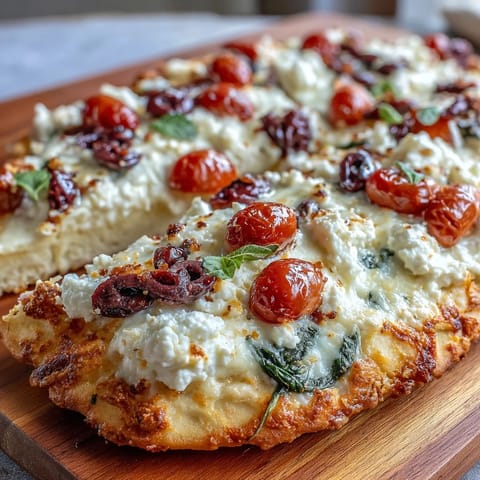 Healthy cottage cheese flatbread pizza with a golden, protein-rich crust and melty mozzarella, topped with cherry tomatoes, olives, and spinach.