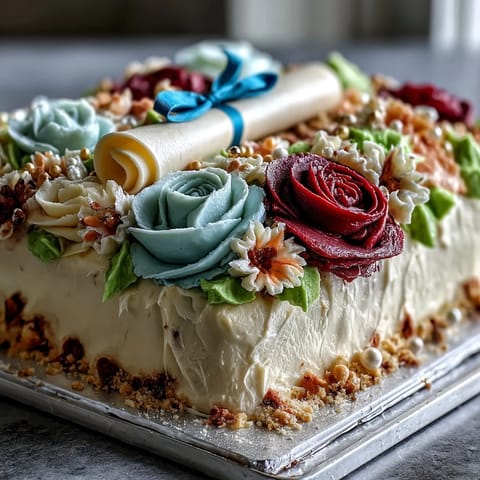 Vibrant buttercream roses and a fondant diploma adorn this crowd-pleasing sheet cake, ideal for honoring graduates.  