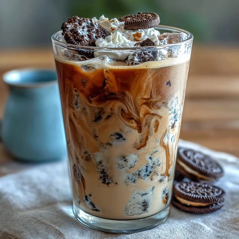 Cookies and Cream Cold Brew in two tall glasses with whipped cream and crushed cookies on top, a rich coffee drink with chocolate and vanilla flavors.