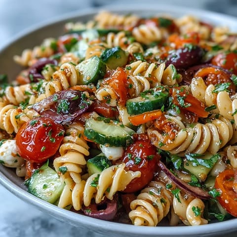 Easy Summer Pasta Salad with Italian Dressing, featuring colorful fusilli pasta and fresh vegetables, tossed in zesty dressing for a vibrant picnic side dish.