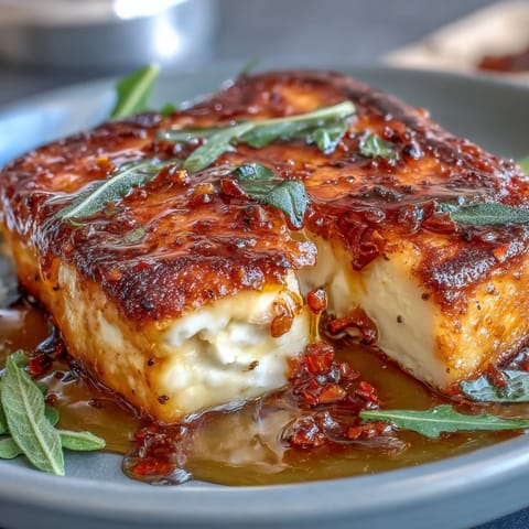 Golden halloumi cheese pan-seared to perfection and drizzled with chili-infused hot honey over fresh arugula. Crispy, salty cheese meets sweet and spicy honey in a vibrant vegetarian appetizer.