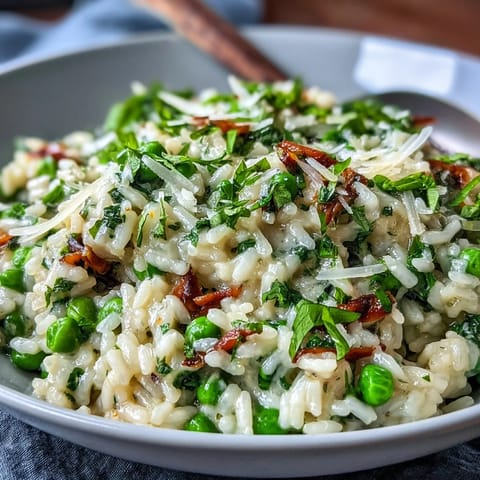 Creamy spring pea risotto with fresh mint, Parmesan, and lemon zest in a shallow bowl.  