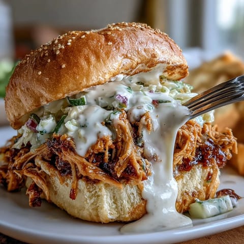 Juicy smoked pulled chicken sandwiches piled high, dripping with creamy white BBQ sauce.
