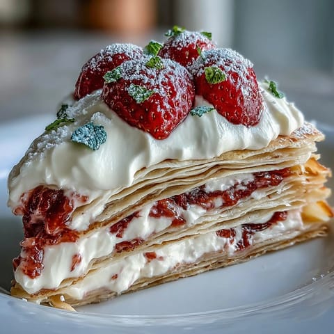 Elegant Mother's Day Crêpe Cake, artfully layered with fresh strawberry mascarpone.
