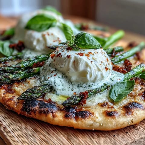 Roasted asparagus flatbread with creamy burrata and bright lemon zest topping.
