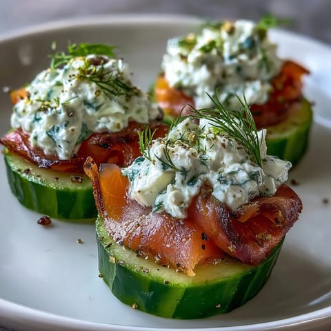 Smoked salmon cucumber bites with creamy herb cheese on crisp cucumber rounds, perfect for elegant appetizers.  
