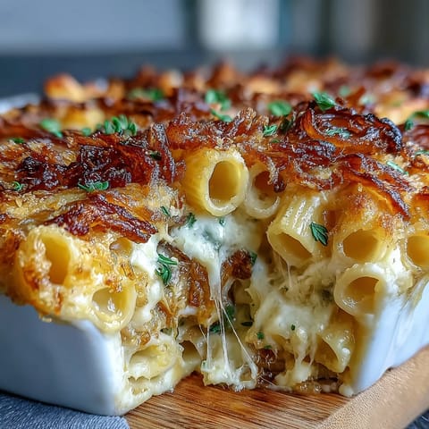 A bubbling French onion pasta bake with caramelized onions and golden Gruyère cheese melting over tender rigatoni.