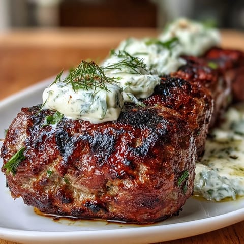 Juicy grilled lamb kofta skewers seasoned with cumin and coriander, served with creamy homemade tzatziki sauce. Fresh herbs and lemon wedges add vibrant flavor. A classic Middle Eastern dish perfect for summer cookouts.