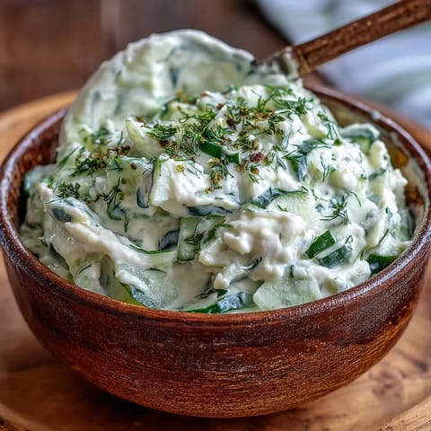 Creamy Skyr Tzatziki Dip with fresh dill and crisp cucumber slices.