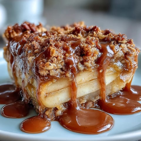 Warm Father's Day Whiskey Caramel Apple Crisp with golden oat topping.