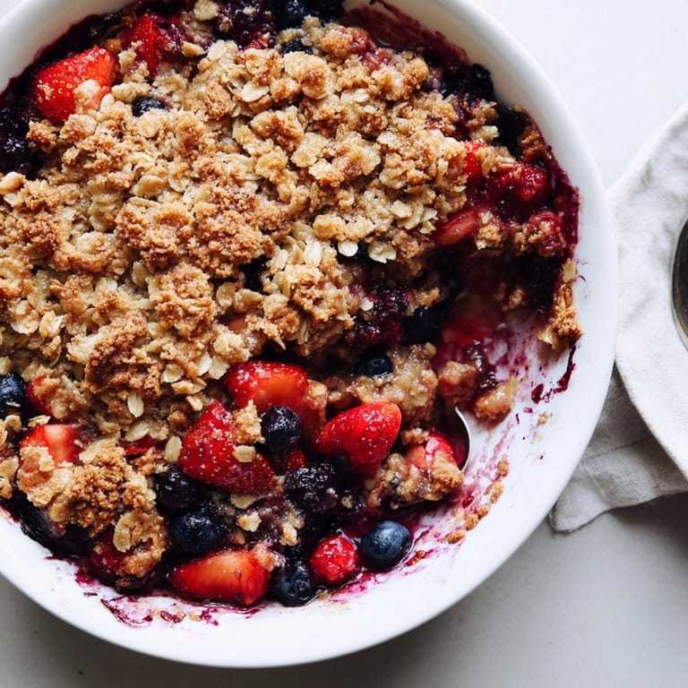 Serving suggestion: Summer Berry Crisp pictured with vanilla ice cream; fresh out of oven.