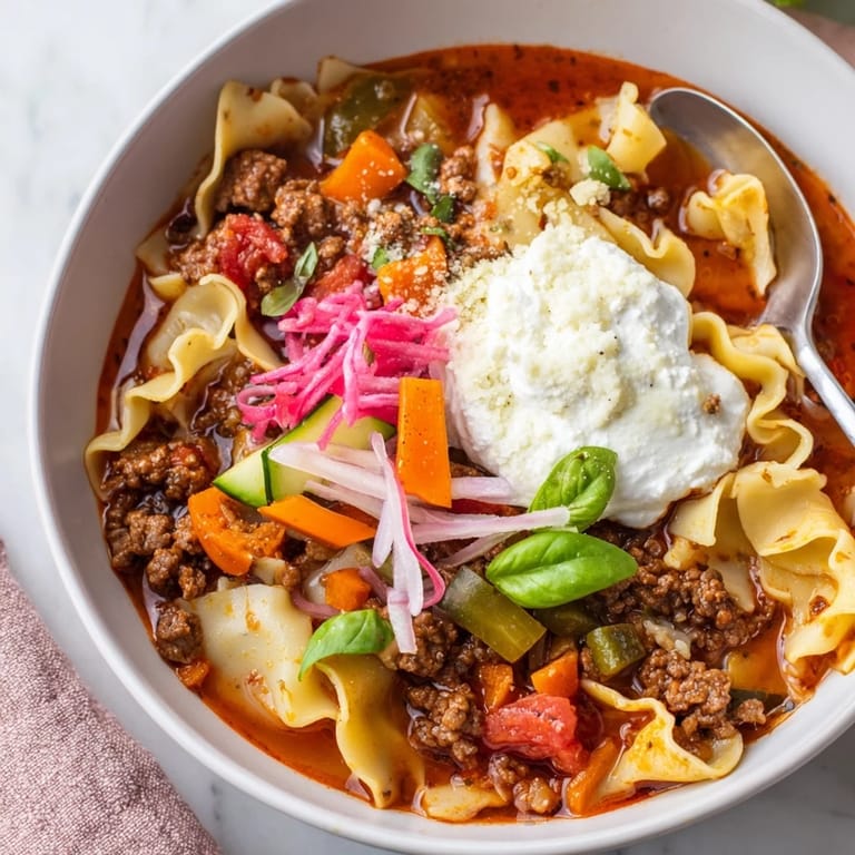 Warm, comforting lasagne soup topped with tangy pickled vegetables and fresh herbs.  
