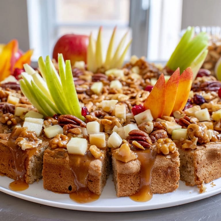 Savory-sweet caramel apple blondie board, perfect for dipping and sharing at parties.