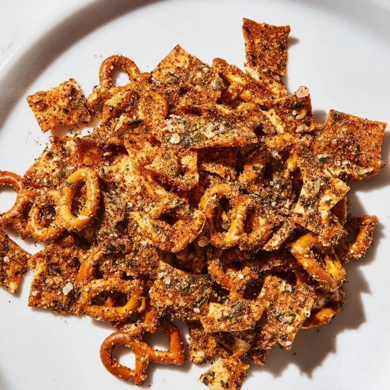 Golden baked pretzel chips generously coated with zesty spices, ideal for sharing.  