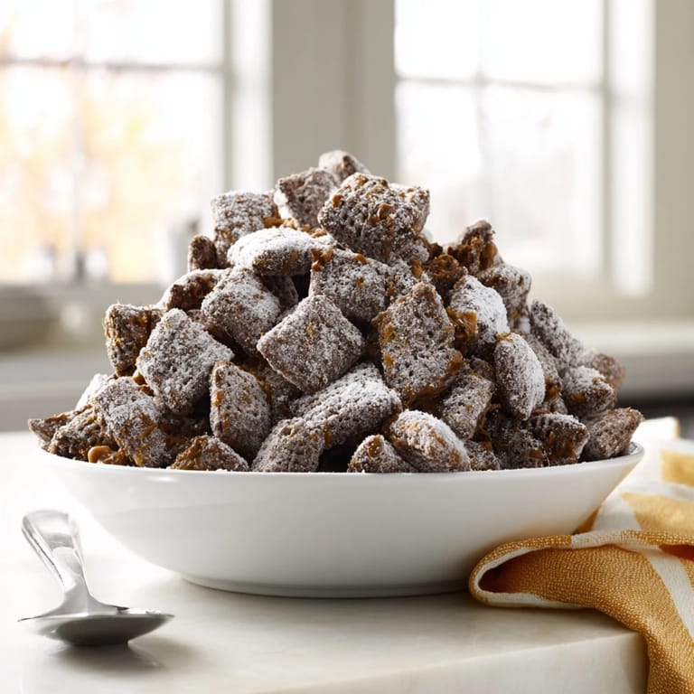 Festive Thanksgiving Chai-Spiced Puppy Chow coated in chocolate and warm spices for holiday joy.  