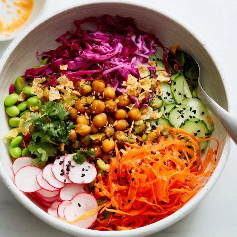 Enjoy a delightful ASMR Crunch Snack Bowl featuring fresh veggies and roasted chickpeas.  