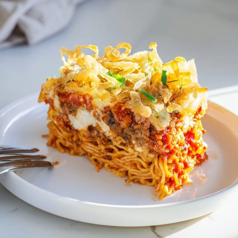 A comforting Spicy Ramen Lasagna bursting with flavors and aromatic spices.  