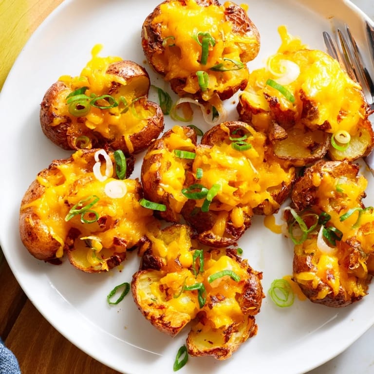 Golden potatoes smashed and baked, featuring flavorful green onions and garlic seasoning.  