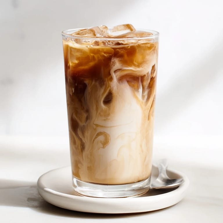 Creamy tahini iced coffee with ice cubes, served in tall glasses for summer refreshment.  