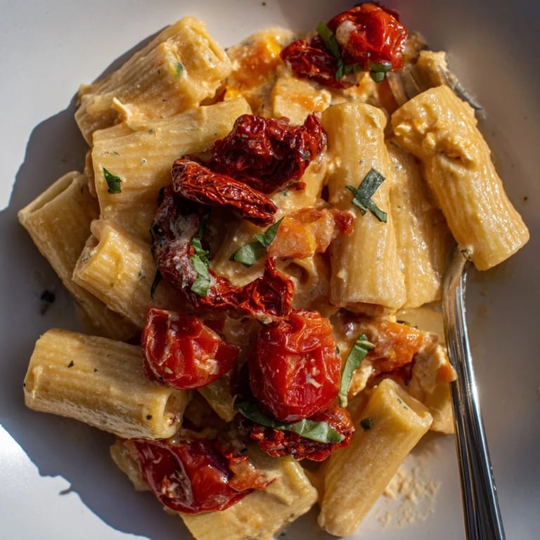 Oven-roasted feta pasta featuring vibrant tomatoes and a luscious creamy sauce.