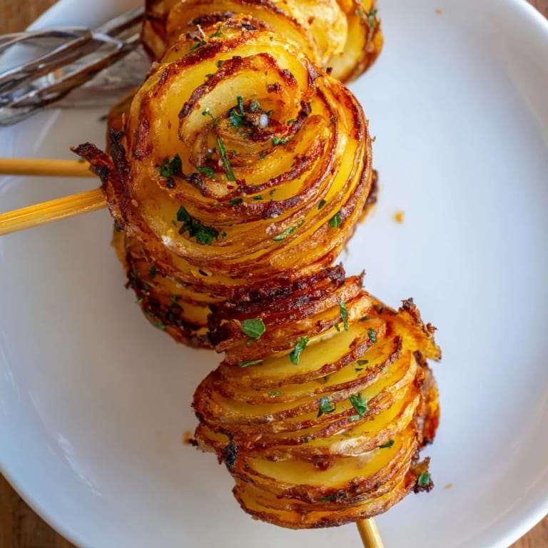 Golden air-fryer tornado potatoes garnished with parsley, ideal for entertaining guests.