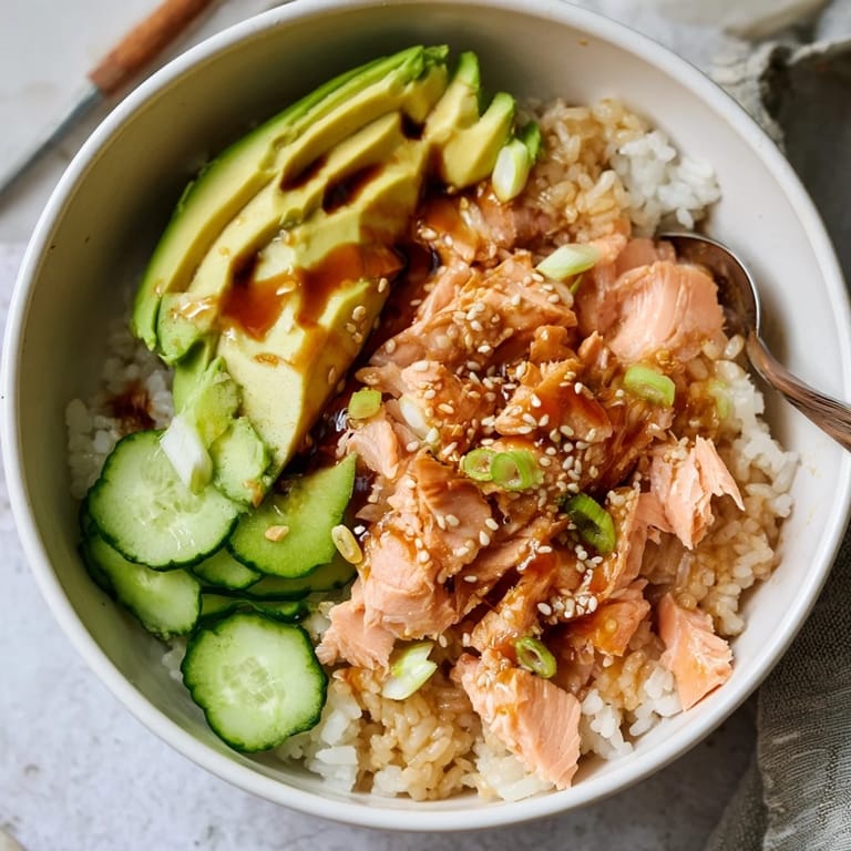 Revive your meal with this quick salmon and rice bowl, garnished artistically.  