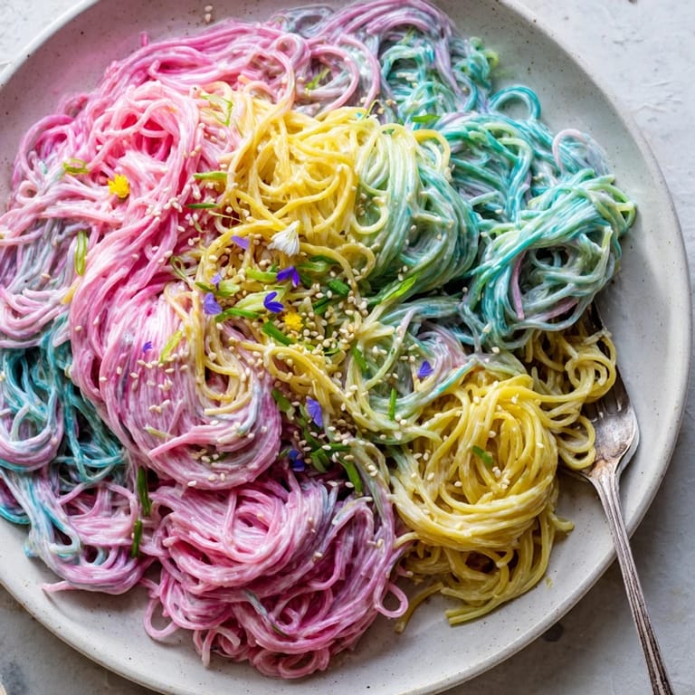 Delicious Neon Noodle Cloud featuring rainbow noodles in a luscious creamy sauce.
