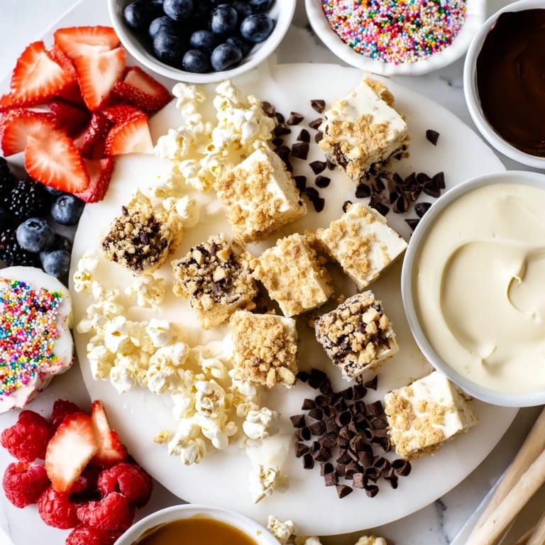 Delicious cheesecake bites on a platter, surrounded by strawberries, sprinkles, and caramel sauce.