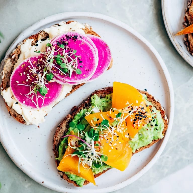 Delicious breakfast toasts featuring ube and avocado, garnished with pomegranate seeds.