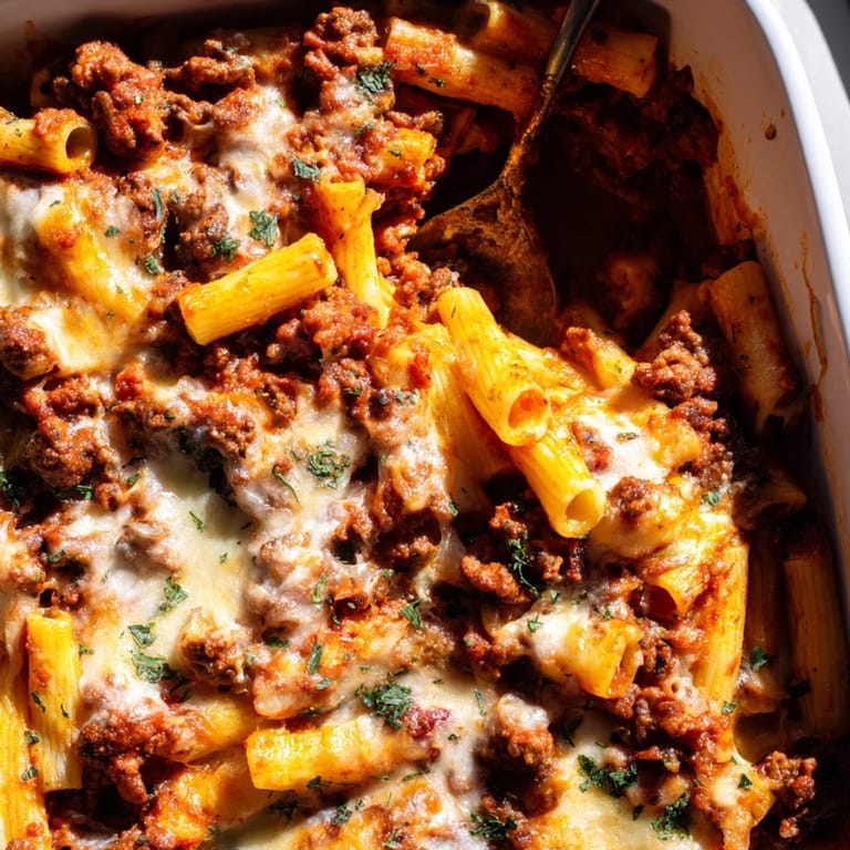 Golden Baked Ziti with Meat Sauce overflowing with rich flavors and gooey cheeses.  