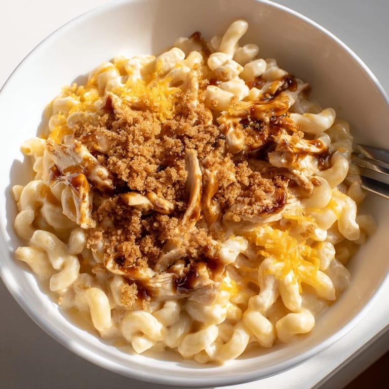 Deliciously cheesy Classic Mac & Cheese paired with smoky BBQ chicken layers.  