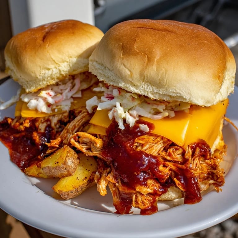 Close-up of a delicious plate of BBQ chicken sliders, with golden fries and a creamy coleslaw topping.