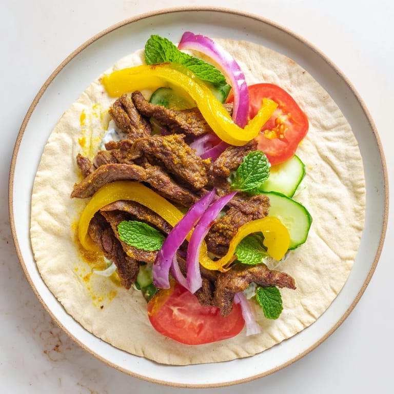 Close-up of a delicious beef shawarma wrap, with a creamy yogurt sauce dripping delightfully.